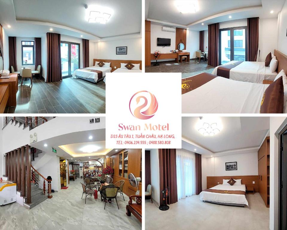 a collage of four pictures of a hotel room at Swan Motel in Ha Long