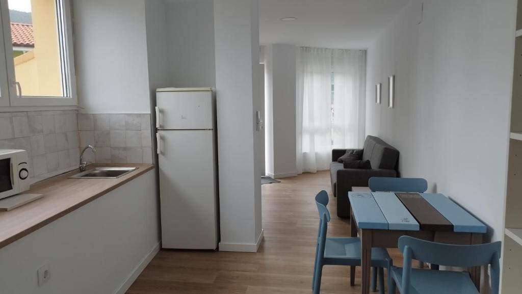 a kitchen with a refrigerator and a table with chairs at Apartamentos y estudios EL CENTRO in Vargas