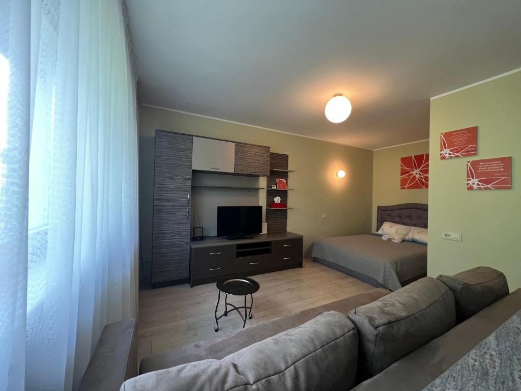 - un salon avec un canapé, un lit et une télévision dans l'établissement Elsertos namai, à Telšiai