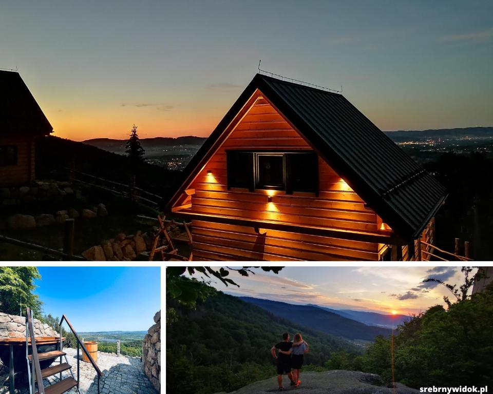 two pictures of a cabin with a sunset in the background at Górskie domki w Karkonoszach z widokiem in Podgórzyn