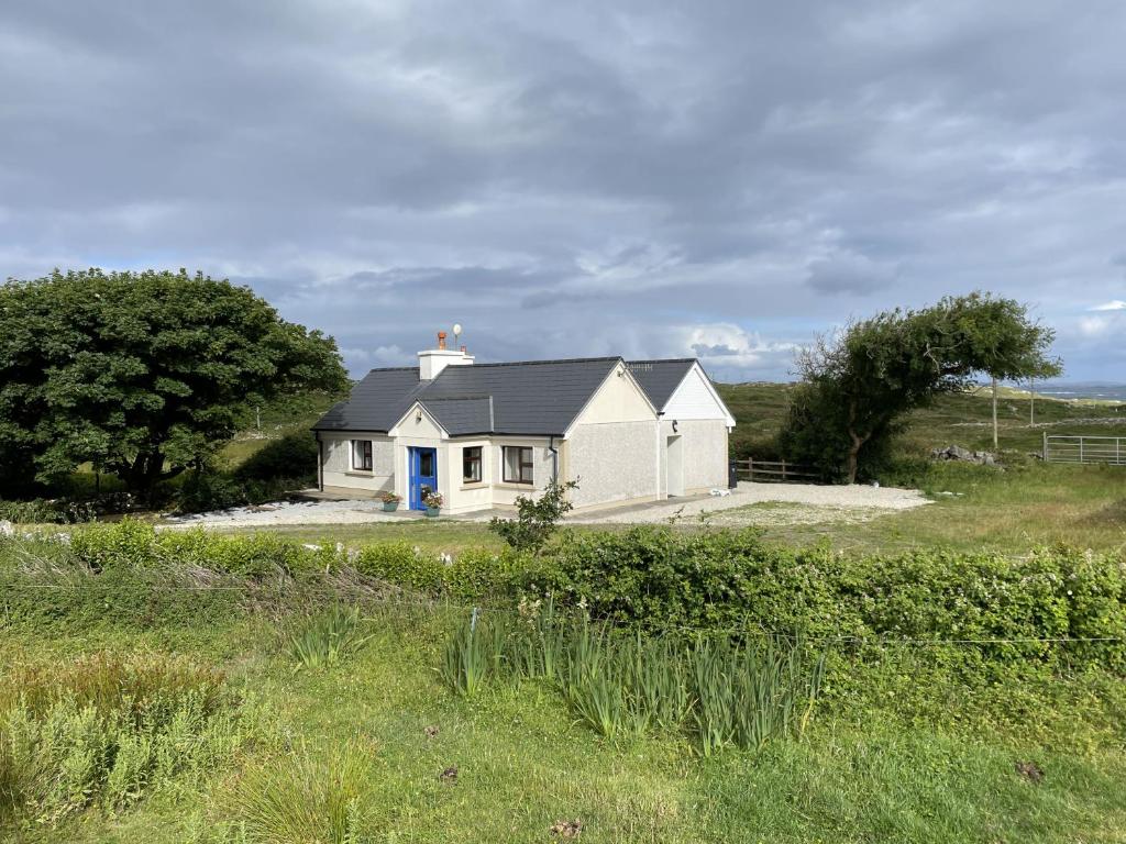 a white house with a blue door in a field at Flaherty Cottage, Ballyconneely in Ballyconneely