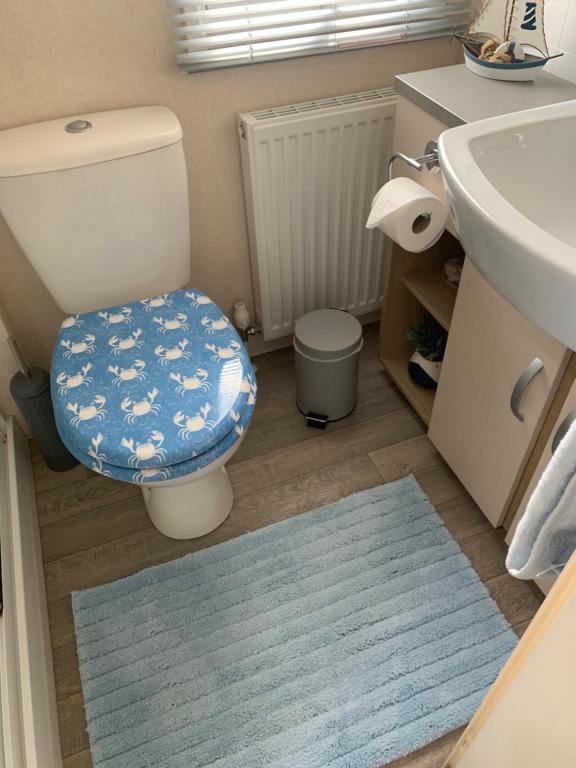 a bathroom with a toilet and a sink and a blue rug at Bude 13 in Cubert