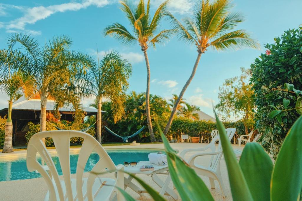 a resort pool with chairs and palm trees at LES PECHEURS DU LAGON in Saint-Leu