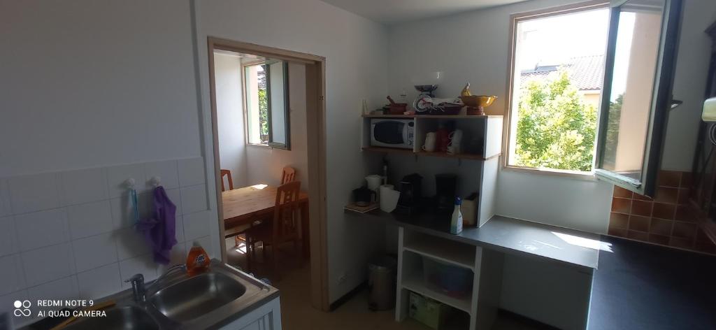 uma pequena cozinha com um lavatório e um micro-ondas em Appartement T3 em Valbonne