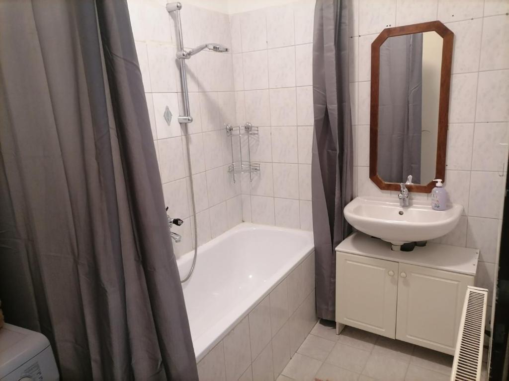 La salle de bains est pourvue d'une baignoire, d'un lavabo et d'une douche. dans l'établissement Central City Apartment 131, à Vienne