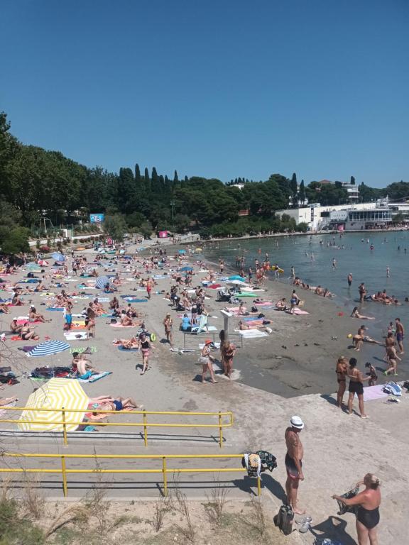 Split Ruža Apartment في سبليت: مجموعة كبيرة من الناس على الشاطئ