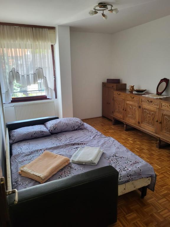 Schlafzimmer mit einem Bett und einem Fenster in der Unterkunft Apartman Ana in Nova Varoš