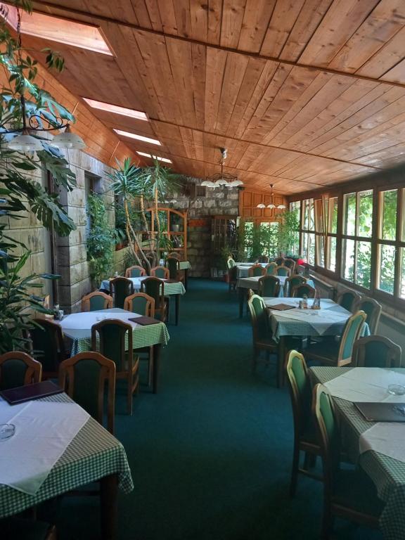 un comedor con mesas y sillas en un restaurante en Dom Plus, en Ovčar Banja