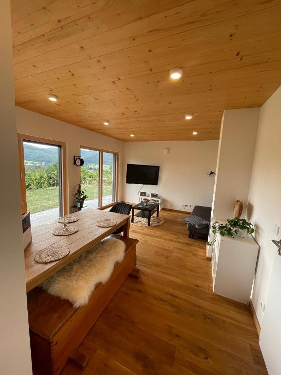 a large living room with a wooden ceiling at Ferienwohnung Biedenkopf in Biedenkopf