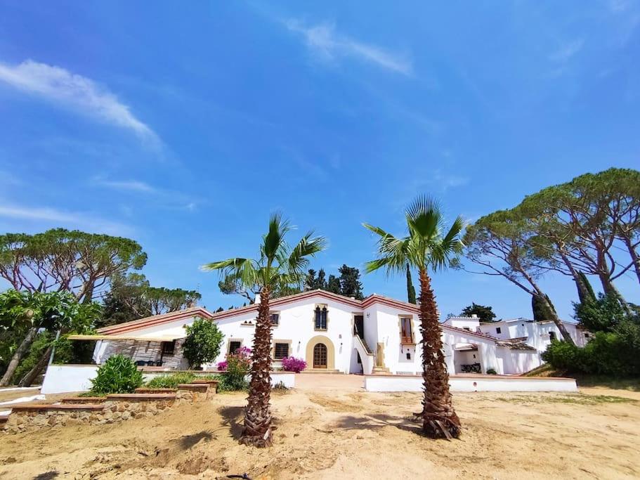 una casa con dos palmeras delante de ella en Villa Encanto en Tordera
