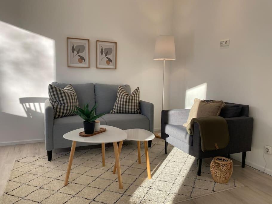 ein Wohnzimmer mit einem Sofa und einem Tisch in der Unterkunft Country style apartment with balcony near fair in Hannover