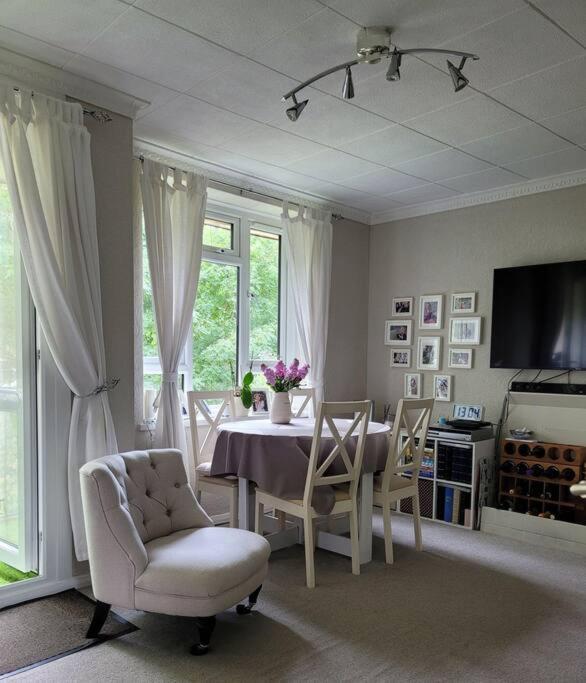 倫敦的住宿－Comfortable two bedroom flat in Putney.，一间带桌椅和电视的用餐室