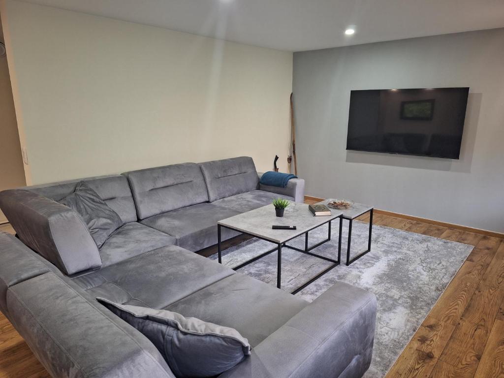 a living room with a gray couch and a table at Apartment Hara, luxury lakeside suite with exquisite view in Jablanica