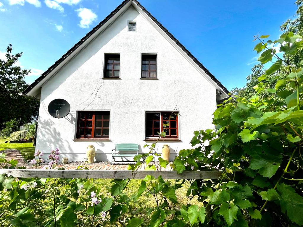 a white house with red windows and a bench at Natur&Meer: Ferienwohnung im idyllischen Landhaus in Ahrenshagen