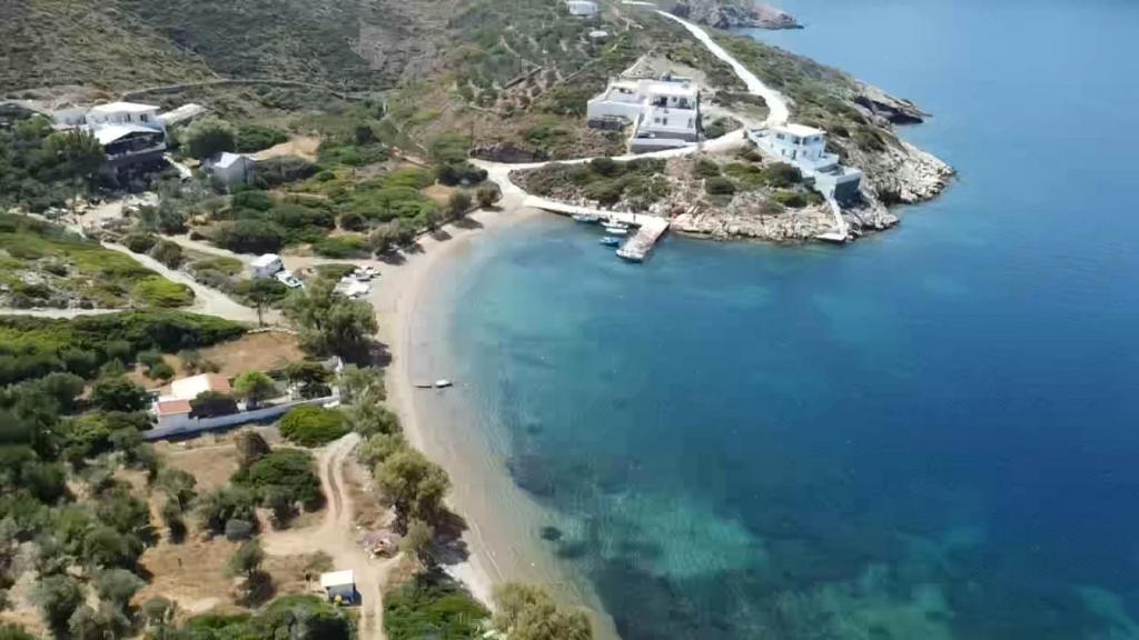 an aerial view of a beach next to the water at Pandaisia Φούρνοι Κορσεων in Fournoi