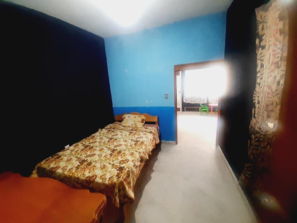 um quarto com uma cama num quarto com paredes azuis em HERMOSO DEPARTAMENTO COMODO em Oaxaca de Juárez