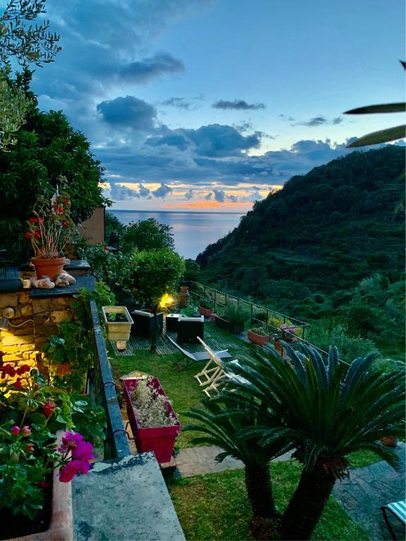 a garden with a view of the ocean at dusk at Affittacamere Le Terrazze in Corniglia