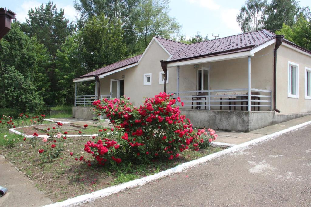 ein Haus mit roten Blumen davor in der Unterkunft Hotel Lori Berd in Stepanawan