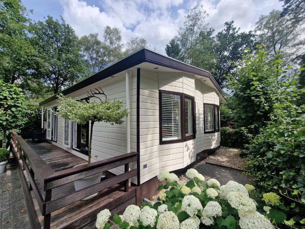 a small white tiny house with a wooden deck at Luxe 4-6 pers Chalet op de Veluwe in Hoenderloo
