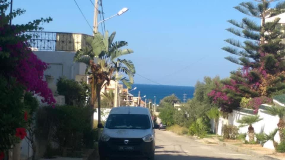 蘇塞的住宿－Luxurious appart Sousse chat meriem with sea view，停在一条棕榈树街道上的白色货车