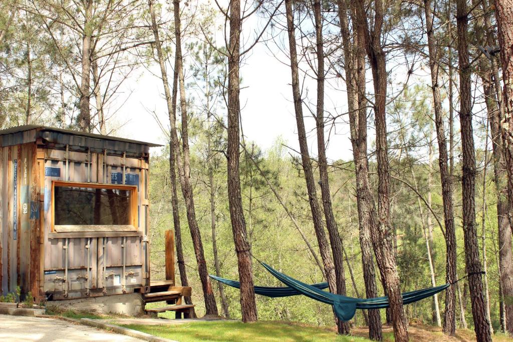a small shack with a hammock in the woods at Relax Container in Aguiar da Beira