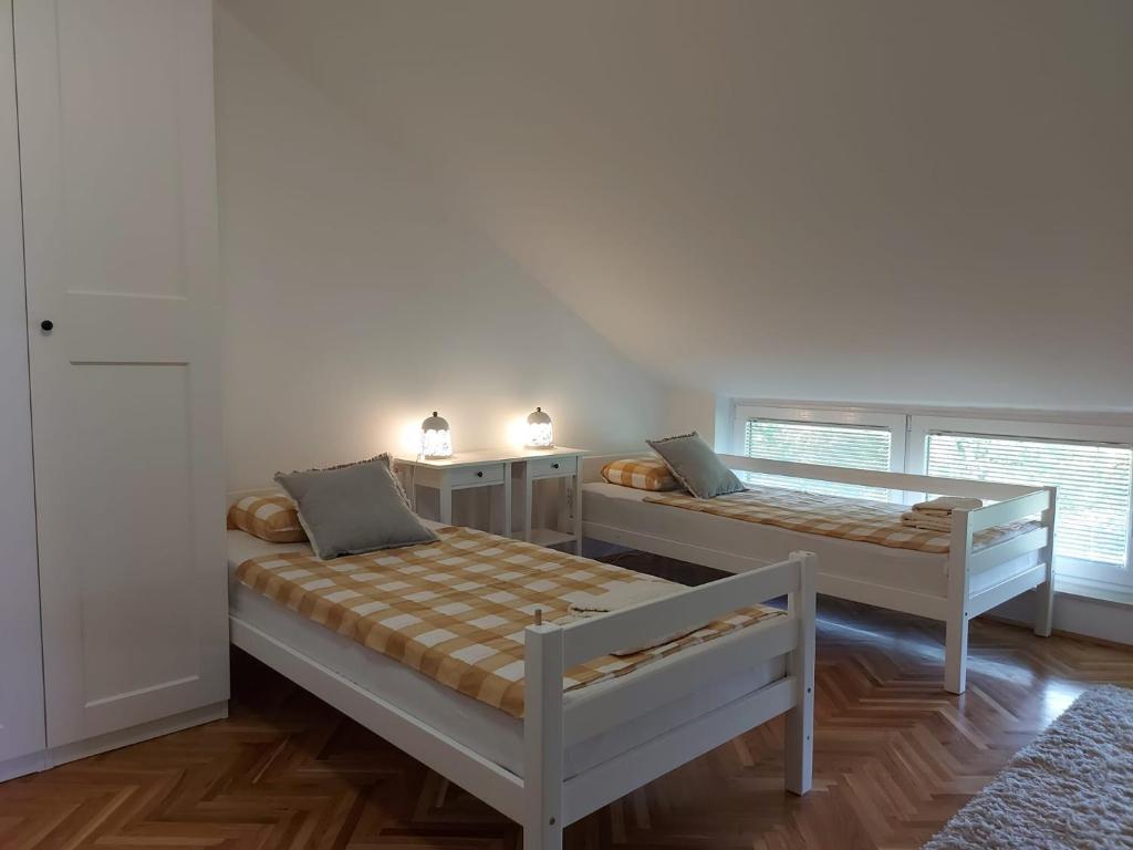 a bedroom with two beds and two windows at Apartman Nada in Ozalj
