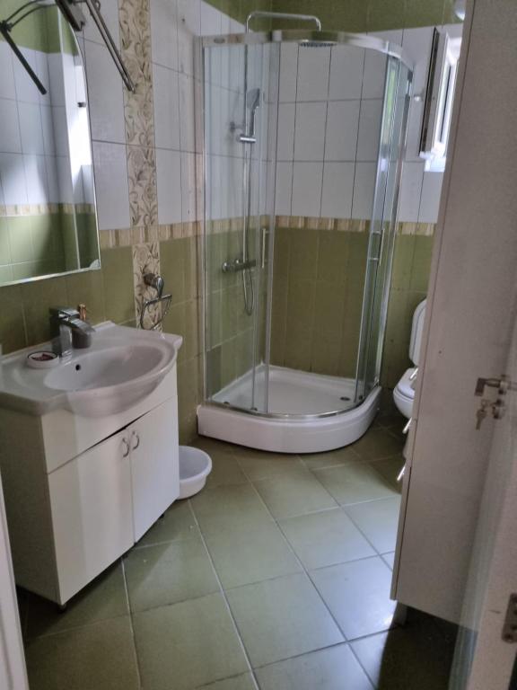 a bathroom with a shower and a sink and a toilet at Apartments Rales in Sveti Stefan