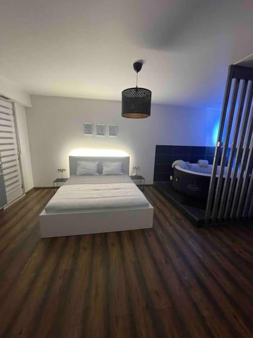 - une chambre avec un lit dans un dortoir doté de parquet dans l'établissement Grand Studio avec Jacuzzi, à Strasbourg