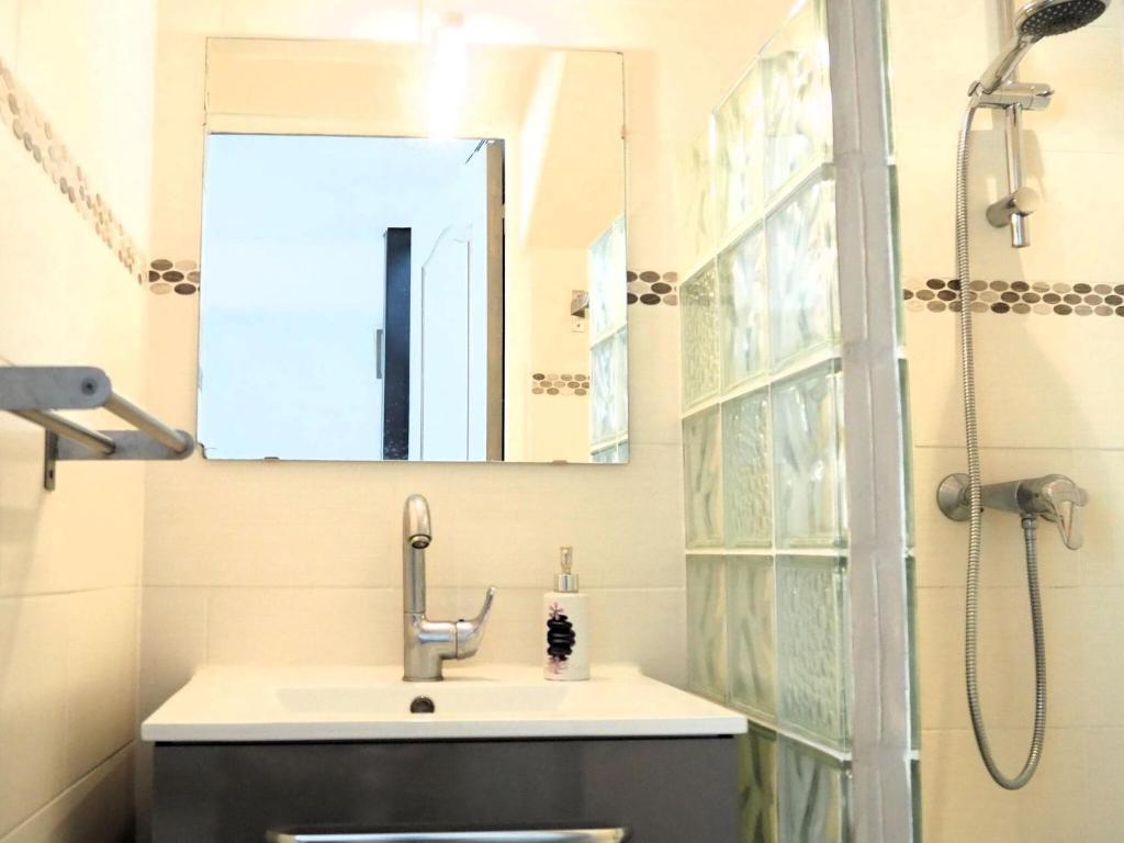 a bathroom with a sink and a shower with a mirror at Small holiday home with courtyard, Bellegarde in Bellegarde