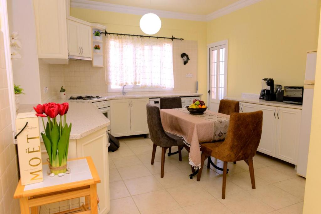 的住宿－R Vision North Cyprus，厨房配有桌椅和红玫瑰花瓶
