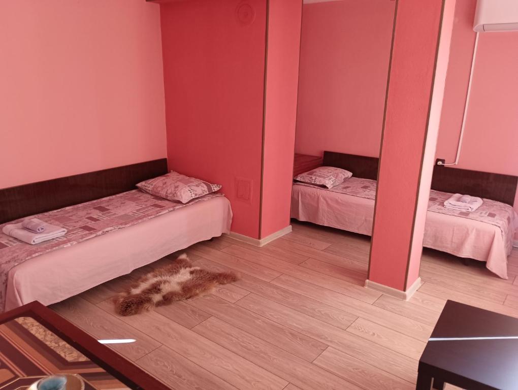 una habitación con 2 camas y un perro tirado en el suelo en При Старото пиано en Belogradchik