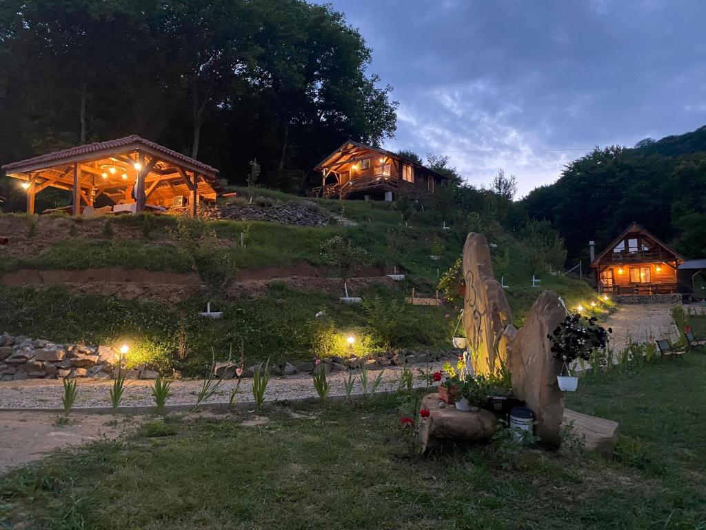 une maison éclairée la nuit sur une colline dans l'établissement Chalets du BF, à Sighişoara