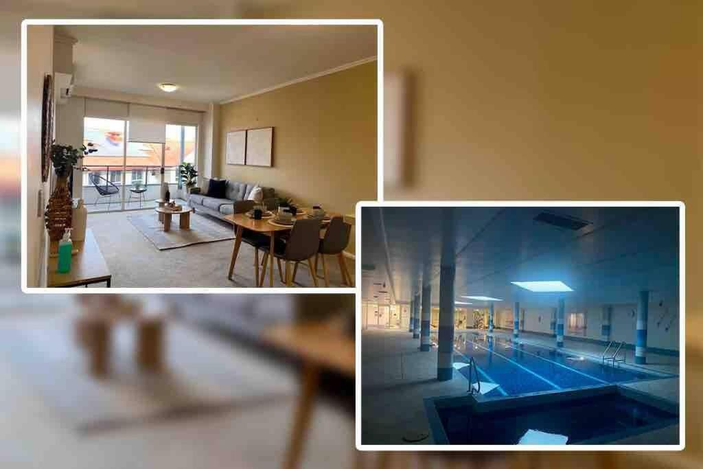 two pictures of a living room and a swimming pool at Apartment in Chiswick with Pool, sauna & Gym in Sydney