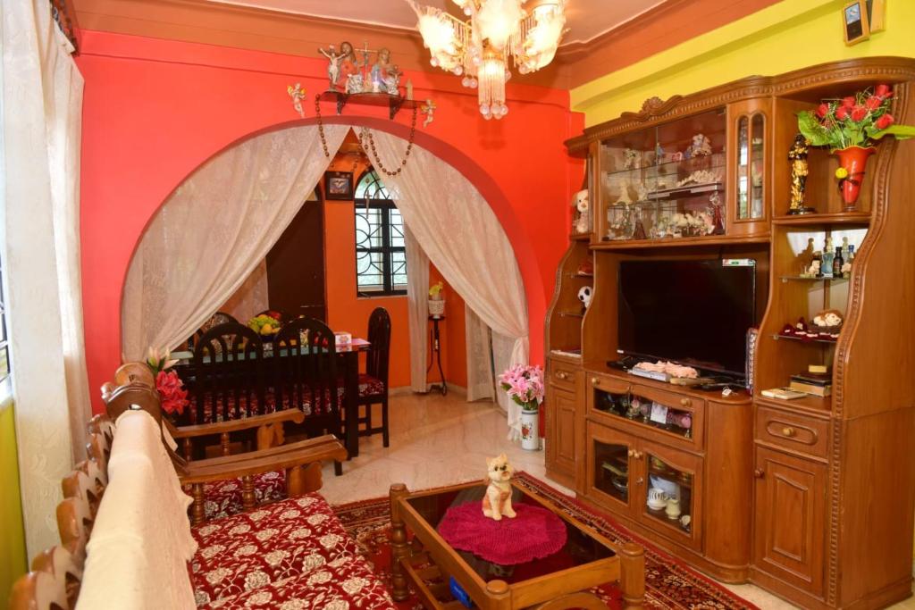 sala de estar con paredes rojas y TV en Rosa’s Guest House, en Siroda