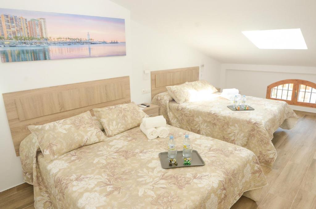 ein Wohnzimmer mit 2 Betten und einem Sofa in der Unterkunft Alojamiento del Sol in Málaga