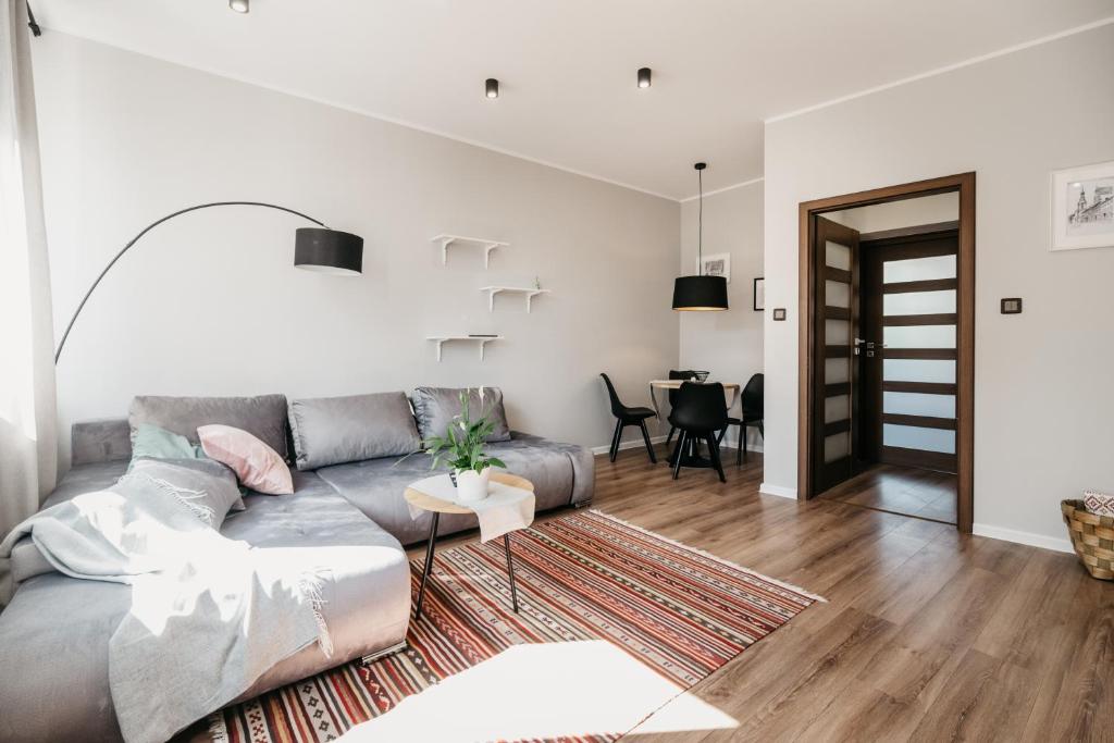 uma sala de estar com um sofá e uma mesa em Nocosfera Apartament Bankowy em Kalisz