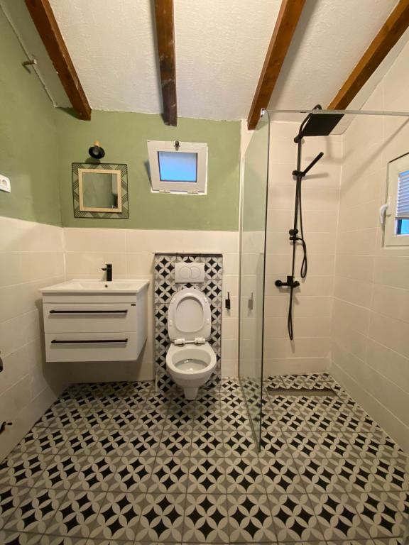 a bathroom with a toilet and a sink and a shower at Apartman Lepetane in Tivat