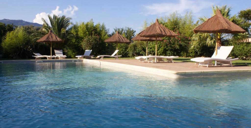 uma piscina com cadeiras e guarda-sóis ao lado de um resort em Résidence Terracorse em Figari