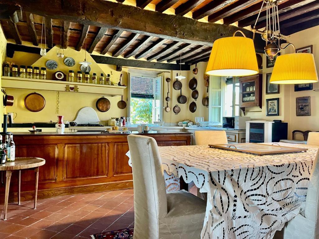 a kitchen with a large table with chairs and a counter at La Casa di Francesca tra le Colline di Lucca in Toscana in Lucca