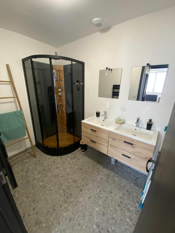 ein Bad mit einer Dusche und einem Waschbecken in der Unterkunft Parenthèse à la mer in Équihen-Plage