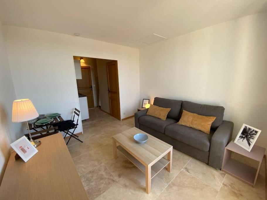 un salon avec un canapé et une table dans l'établissement Marion - La Maison Racine 3 -Charmant studio au cœur du CV, à Avignon