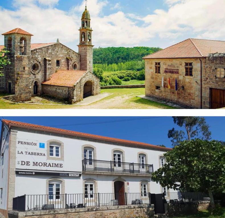 un edificio antiguo y un edificio con una torre en Monasterio y Pensión de Moraime, en Muxía