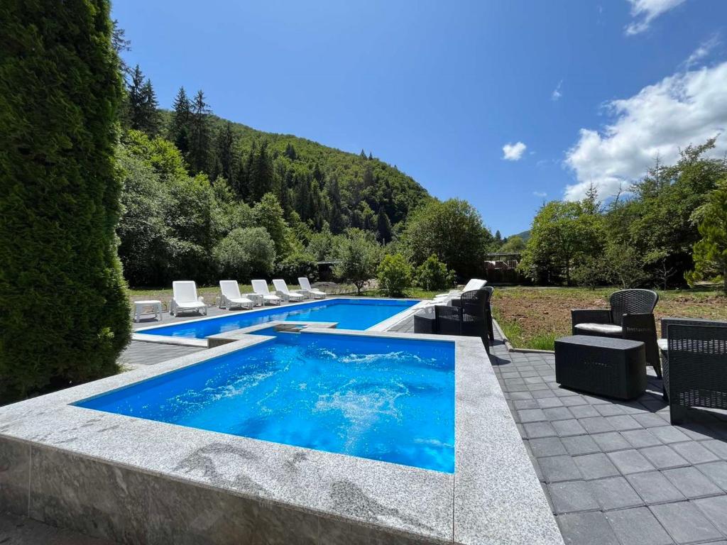 einen Pool mit Liegestühlen und einem Pool in der Unterkunft Villa Green Heaven in Sarajevo