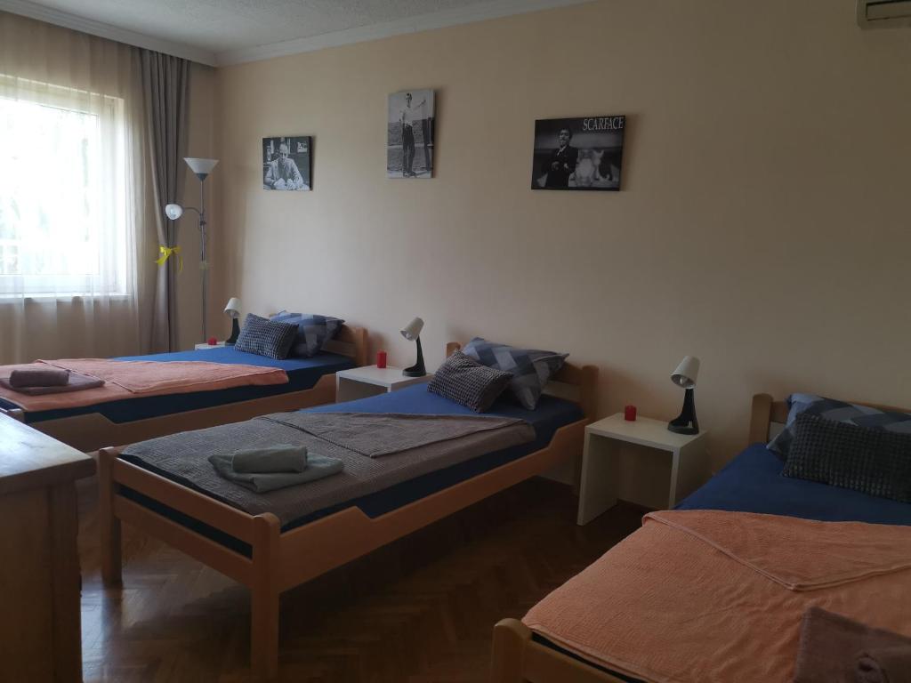 a room with three beds and a window at Dunav 009 in Veliko Gradište
