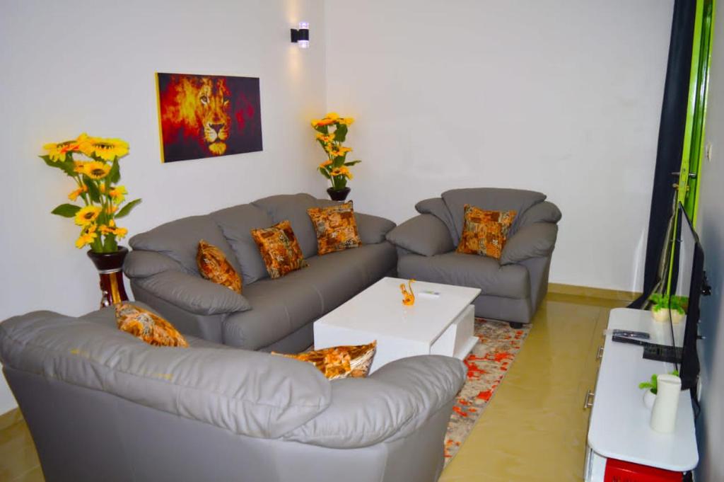een woonkamer met 2 banken en een tafel bij Résidence Lotus in Cotonou
