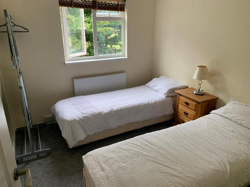 1 dormitorio con 2 camas y ventana en Eastbourne Twin room, en Polegate