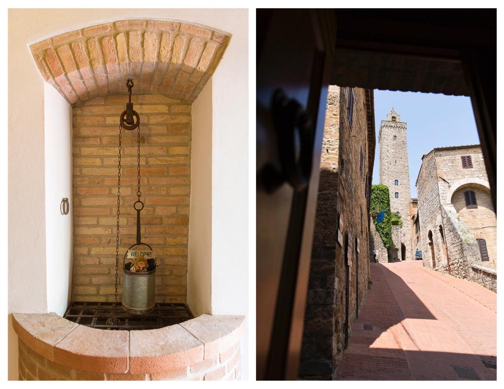 duas imagens de uma porta com um edifício e uma torre do relógio em Il Pozzo em San Gimignano