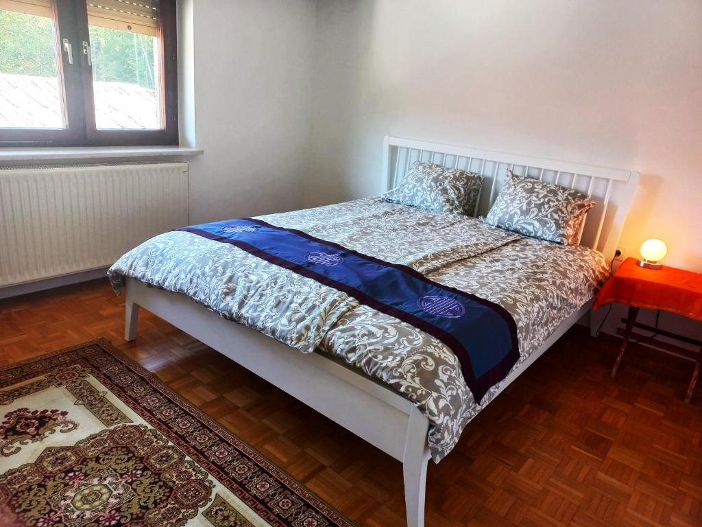 a bedroom with a bed and a window and a rug at Homestay Zajec in Grosuplje