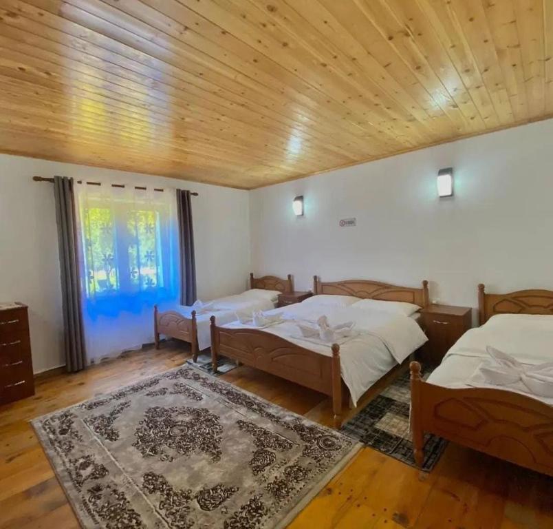 1 dormitorio con 2 camas y techo de madera en HIGHLANDER HOUSE VERMOSH, en Vermosh