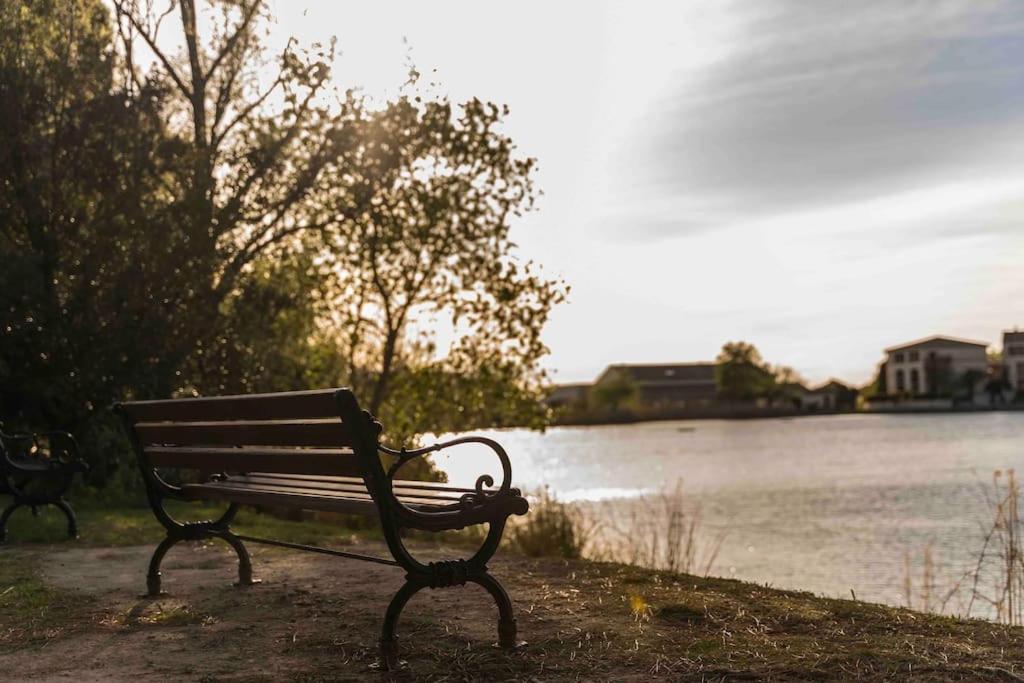 a park bench sitting next to a body of water at Magnifique vue lac au Golf de Pont-Royal in Mallemort